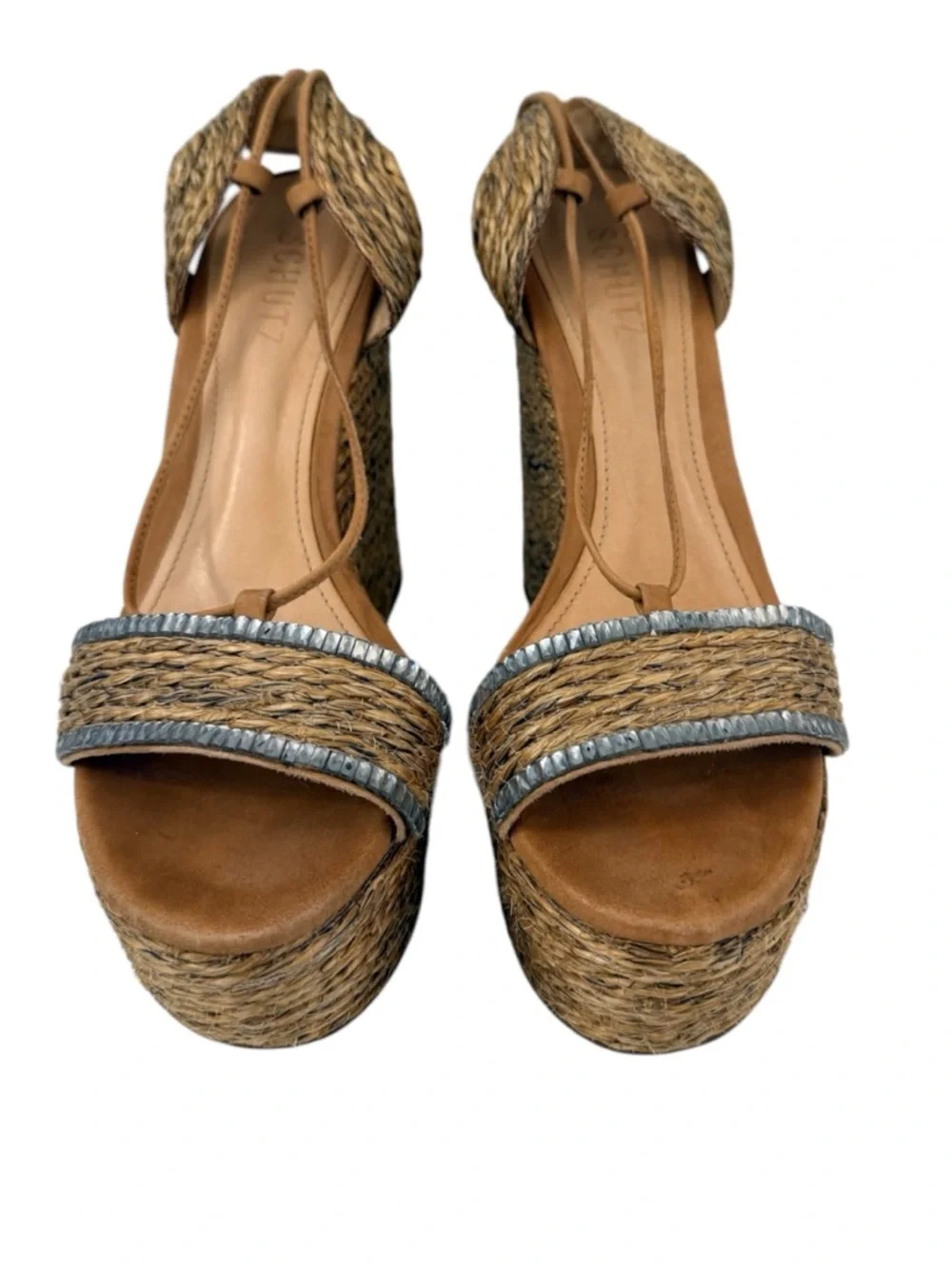 Schutz Raffia Platform Wedge Sandals Tan T Strap Size 8